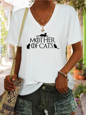 Mercoledi Mother Of Cats Baskılı Kadın Oversize V Yaka T-Shırt