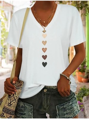 Mercoledi Patili Kalp Kedi Baskılı Kadın Oversize V Yaka T-Shırt