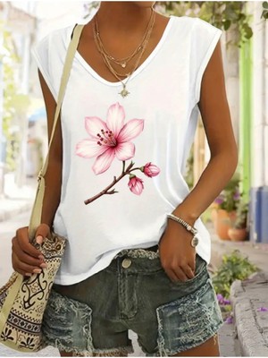 Mercoledi Çiçek Baskılı Kadın Kolsuz Oversize T-Shırt