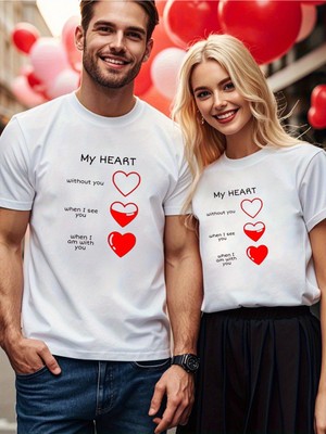 Mercoledi Çift Kombini 1 Adet Kadın Modeli Sevgililer Günü Baskılı Rahat Kalıp T-Shirt