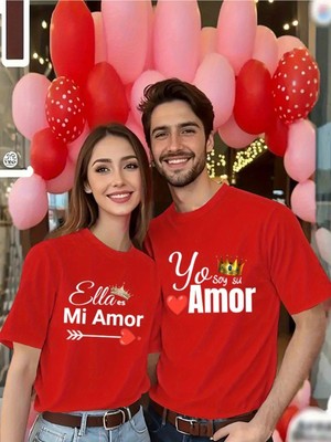 Mercoledi Çift Kombini 1 Adet Erkek Modeli Sevgililer Günü Baskılı Rahat Kalıp T-Shirt
