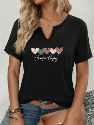 Mercoledi Kadın Choose Happy Baskılı Yarım V-Yaka Kollu Regular Kalıp Rahat T-Shirt