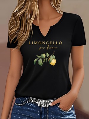 Mercoledi Kadın Limoncello Baskılı Yarım V-Yaka Kollu Regular Kalıp Rahat T-Shirt