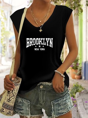 Mercoledi Kadın Baskılı Kolsuz V-Yaka Rahat Kesim Salas T-Shirt