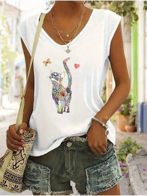 Mercoledi Renkli Kedi Baskılı Kadın Oversize Kolsuz T-Shırt