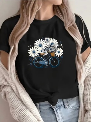 Mercoledi Papatya ve Bisiklet Baskılı Unısex Oversize Bisiklet Yaka T-Shirt