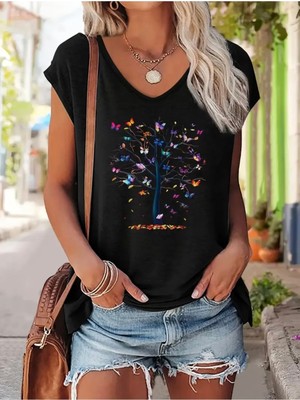Mercoledi Kelebekli Ağaç Baskılı Kadın Oversize Kolsuz T-Shırt