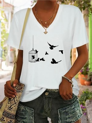 Mercoledi Kuş Baskılı Kadın Oversize V Yaka T-Shırt