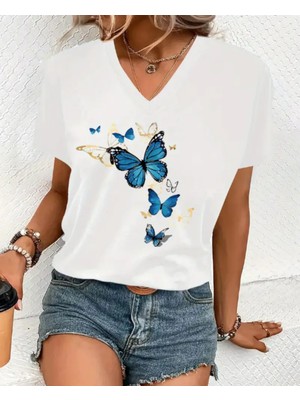 Mercoledi V Yaka Mavi Kelebekler Baskılı Oversize Tişört