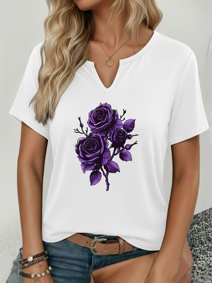 Mercoledi Kadın Gül Baskılı Yarım V-Yaka Kollu Regular Kalıp Rahat T-Shirt