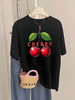 Mercoledi Cherry Baskılı Oversize Bisiklet Yaka T-Shirt