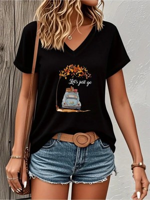 Mercoledi Let's Just Go Baskılı Kadın Oversize V Yaka T-Shırt