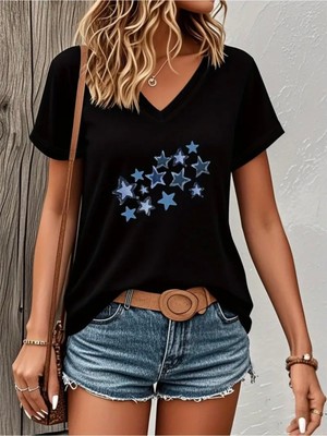 Mercoledi Mavi Yıldızlar Baskılı Kadın Oversize V Yaka T-Shırt