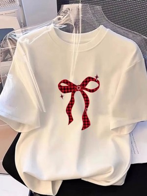 Mercoledi Ekose Kurdele Baskılı Unısex Kadın/erkek Oversize Bisiklet Yaka T-Shirt