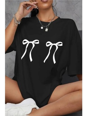 Mercoledi Kurdele Tasarım Baskılı Oversize Unısex Kadın/erkek Bisiklet Yaka T-Shirt