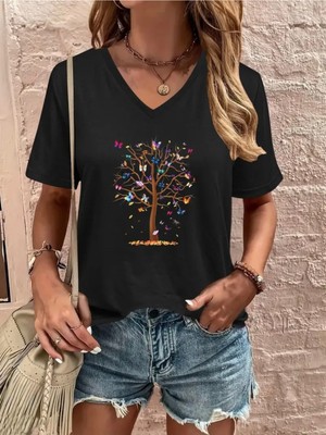 Mercoledi Kelebekli Ağaç Baskılı Kadın Oversize V Yaka T-Shırt