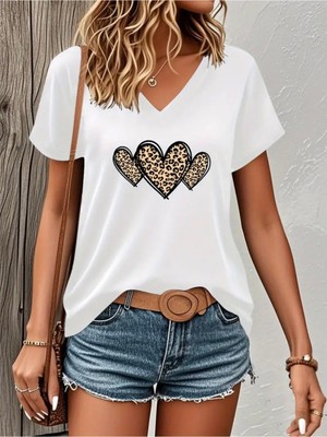 Mercoledi Leopar Kalpler Baskılı Kadın Oversize V Yaka T-Shırt