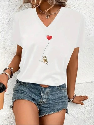 Mercoledi Kuş ve Kalp Balon Baskılı Kadın Oversize V Yaka T-Shırt