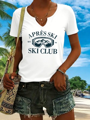 Mercoledi Kadın Apres Ski Baskılı Yarım V-Yaka Kollu Regular Kalıp Rahat T-Shirt