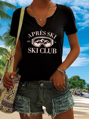 Mercoledi Kadın Apres Ski Baskılı Yarım V-Yaka Kollu Regular Kalıp Rahat T-Shirt