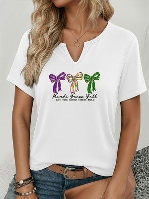 Mercoledi Kadın Mardi Gras Baskılı Yarım V-Yaka Kollu Regular Kalıp Rahat T-Shirt