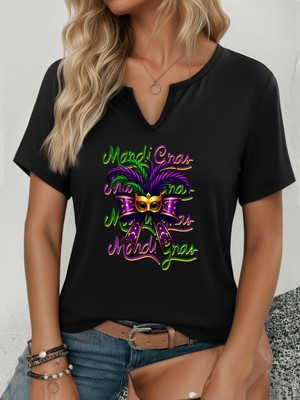 Mercoledi Kadın Mardi Gras Baskılı Yarım V-Yaka Kollu Regular Kalıp Rahat T-Shirt