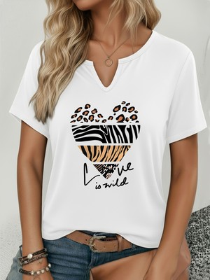 Mercoledi Kadın Leopar Kalp Baskılı Yarım V-Yaka Kollu Regular Kalıp Rahat T-Shirt