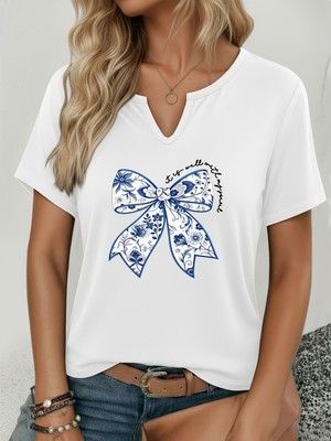 Mercoledi Kadın Mavi Kurdele Baskılı Yarım V-Yaka Kollu Regular Kalıp Rahat T-Shirt