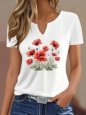 Mercoledi Kadın Gelincik Baskılı Yarım V-Yaka Kollu Regular Kalıp Rahat T-Shirt