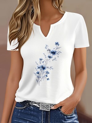 Mercoledi Kadın Mavi Çiçek Baskılı Yarım V-Yaka Kollu Regular Kalıp Rahat T-Shirt
