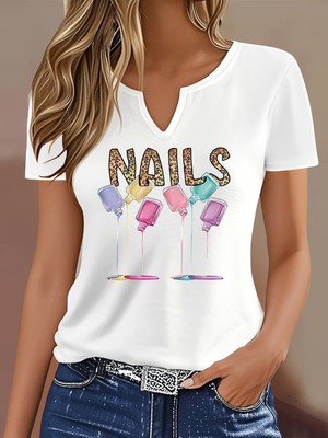 Mercoledi Kadın Nails Baskılı Yarım V-Yaka Kollu Regular Kalıp Rahat T-Shirt