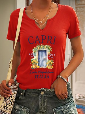 Mercoledi Kadın Capri Baskılı Yarım V-Yaka Kollu Regular Kalıp Rahat T-Shirt