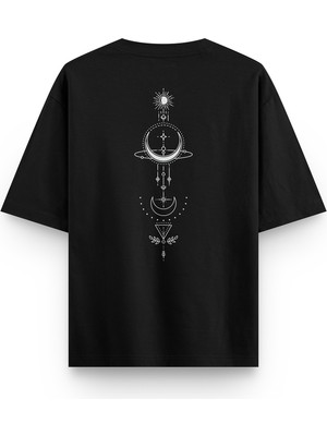Overoz Spritüel Sembol Denge Kozmik Enerji Sırt Baskılı Unisex Siyah Yarı Oversize Tshirt 1353