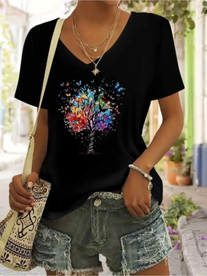 Mercoledi Kelebekli Ağaç Baskılı Kadın Oversize V Yaka T-Shırt