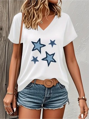 Mercoledi Mavi Yıldızlar Baskılı Kadın Oversize V Yaka T-Shırt