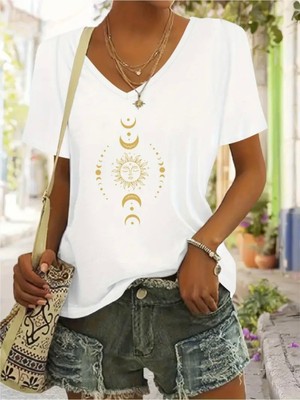 Mercoledi Güneş Baskılı Kadın Oversize V Yaka T-Shırt