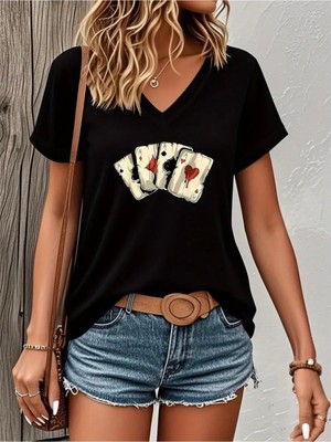 Mercoledi Kart Baskılı Kadın Oversize V Yaka T-Shırt