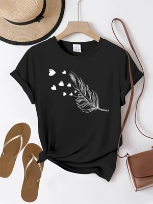 Mercoledi Kalpli Tüy Baskılı Oversize Bisiklet Yaka T-Shirt