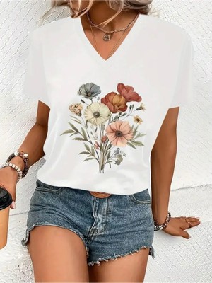 Mercoledi Çiçek Baskılı Kadın Oversize V Yaka T-Shırt