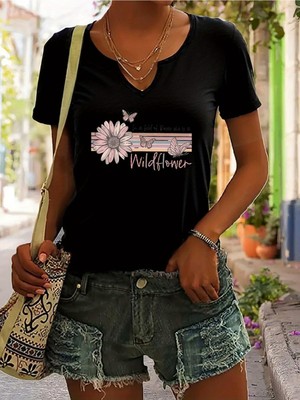 Mercoledi Kadın Wildflower Baskılı Yarım V-Yaka Kollu Regular Kalıp Rahat T-Shirt