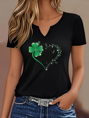 Mercoledi Kadın St. Patrick's Day Yonca Baskılı Yarım V-Yaka Kollu Regular Kalıp Rahat T-Shirt