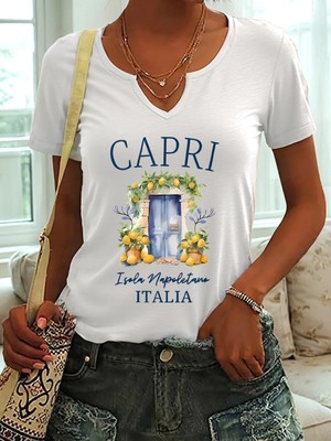 Mercoledi Kadın Capri Baskılı Yarım V-Yaka Kollu Regular Kalıp Rahat T-Shirt