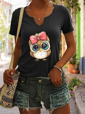 Mercoledi Kadın Sevimli Baykuş Baskılı Yarım V-Yaka Kollu Regular Kalıp Rahat T-Shirt