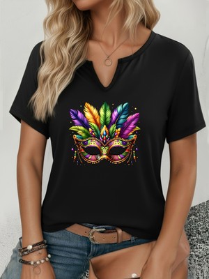 Mercoledi Kadın Mardi Gras Baskılı Yarım V-Yaka Kollu Regular Kalıp Rahat T-Shirt