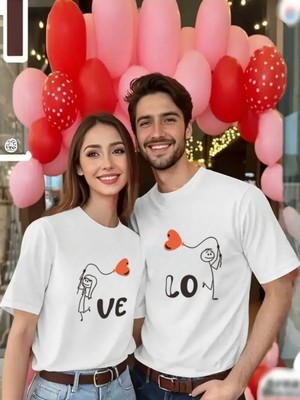 Mercoledi Çift Kombini 1 Adet Kadın Modeli Sevgililer Günü Baskılı Rahat Kalıp T-Shirt