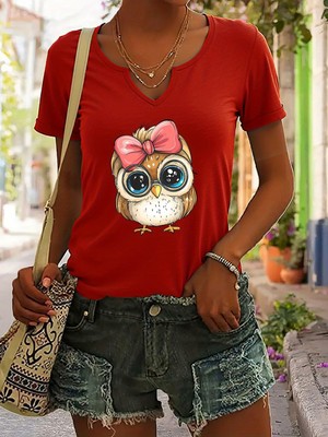Mercoledi Kadın Sevimli Baykuş Baskılı Yarım V-Yaka Kollu Regular Kalıp Rahat T-Shirt