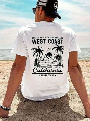Mercoledi West Coast California Baskılı Oversize Bisiklet Yaka T-Shirt