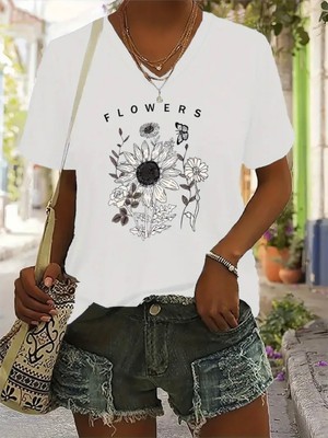 Mercoledi Flowers Baskılı Kadın Oversize V Yaka T-Shırt