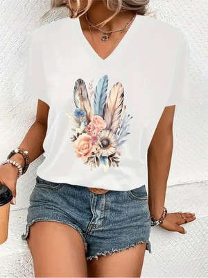 Mercoledi Çiçek Baskılı Kadın Oversize V Yaka T-Shırt