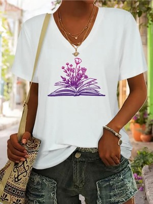 Mercoledi Flowers Book Baskılı Kadın Oversize V Yaka T-Shırt